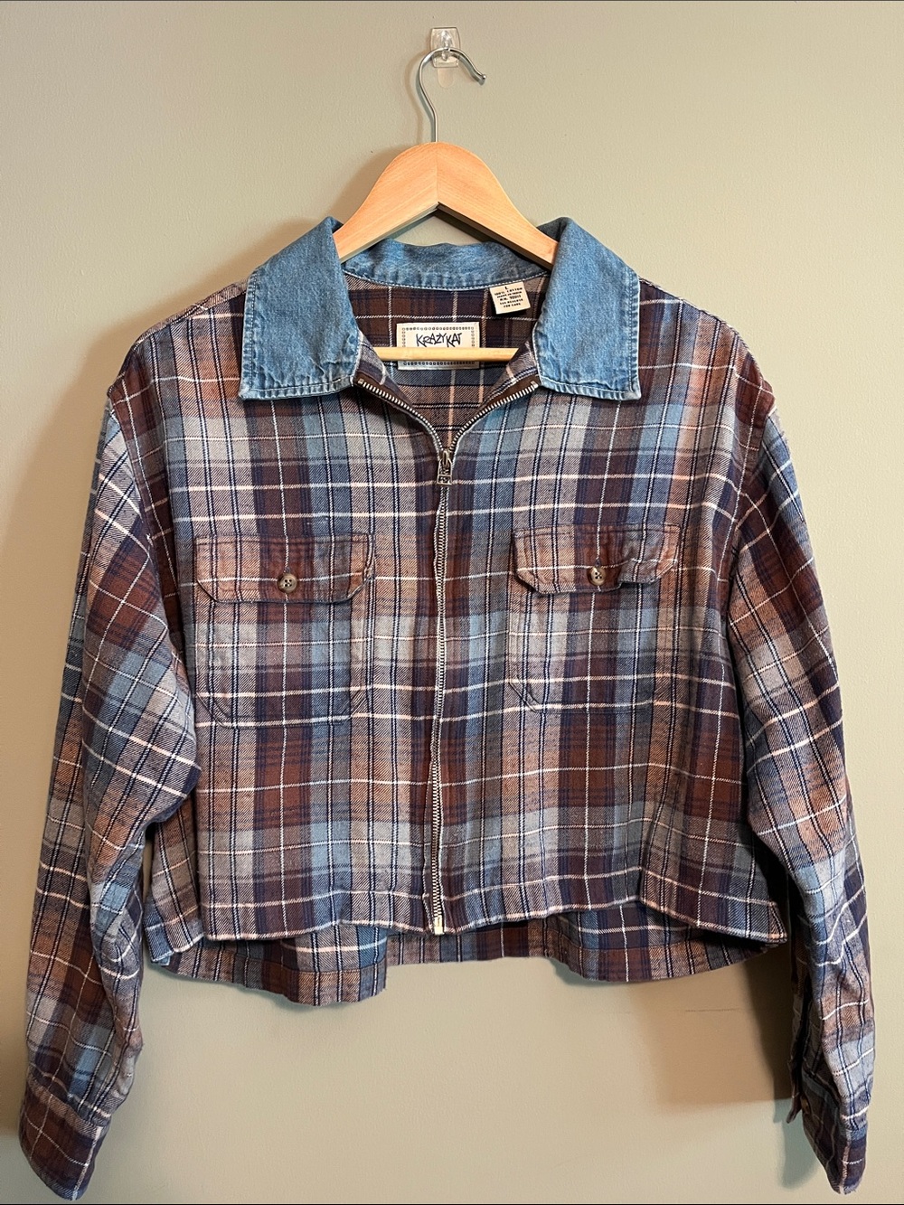 Krazy Kat Plaid Zip-Front Cropped Jacket in Blue & Brown